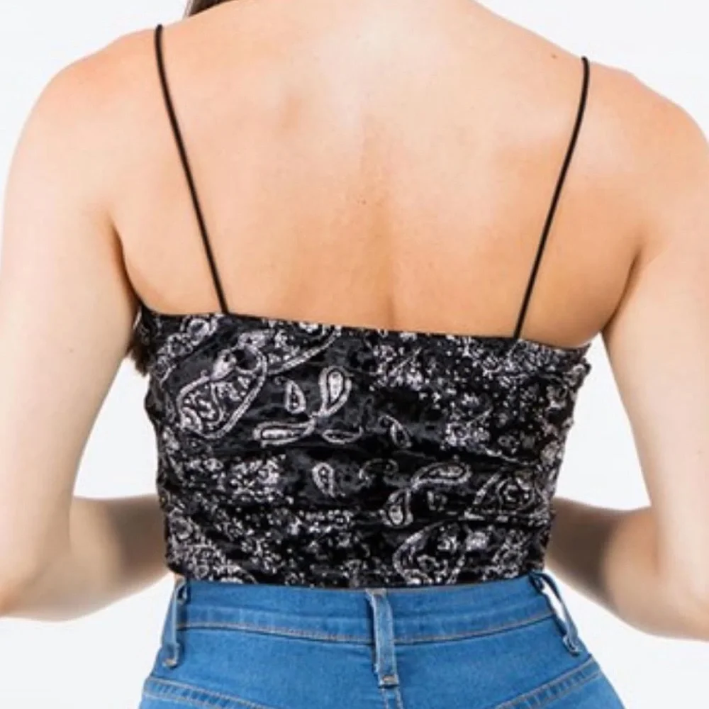 Black Bandana Velvet Crop Top - Picture 3 of 5